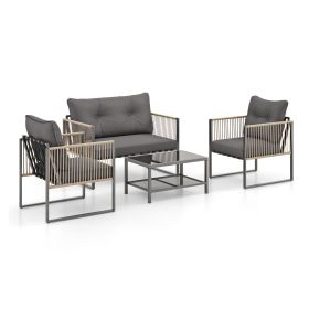 4 Pieces Outdoor PE Rattan Conversation Sofa Set with Cushions