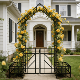 Metal Garden Arch with Gate with planter W80.71*H97.24 Climbing Plants Support Rose Arch Outdoor Black
