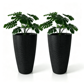 Set of 2 Faux Rattan Tall Planters Outdoor Indoor Large Planters with Water Level Monitor Inner Bucket, Automatic Watering (Color: as Pic)